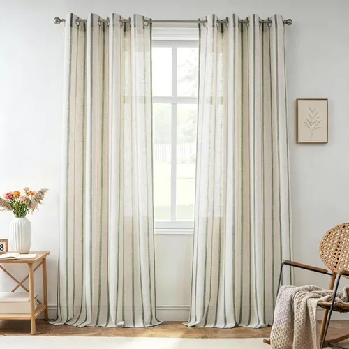 Vista 11 de DriftAway Cortinas de estilo granja con rayas verticales de lino mezclado texturizado con filtro de luz semitransparente para sala de estar