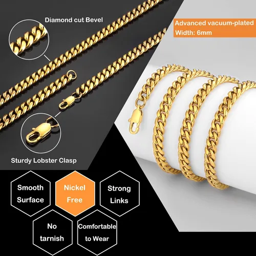 Vista 3 de Jewlpire Diamond Cut Miami Mens Cuban Link Chain Necklace Gold Chain Silver Chain for Men Boys Women Hip-Hop Cool Style 316L Stainless Steel18K