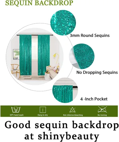 Vista 6 de ShinyBeauty Cortinas de lentejuelas 2 paneles de 2 x 8 pies, cortinas de fondo de fiesta verde azulado con purpurina para bodas, Navidad, Año Nuevo