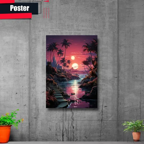 Vista 2 de Neon Sunset Vibes Florida Synthwave Sunset Framed poster Print, Retro Miami Style Wall Art, poster Prints, Art Print