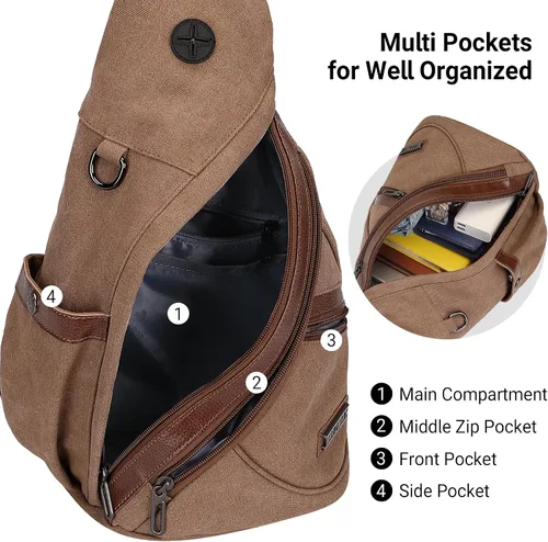 Vista 4 de WITZMAN Bolso bandolera de lona para hombres y mujeres, mochila convertible cruzada, estilo vintage, bolsa de pecho de viaje casual (A8003 marrón)
