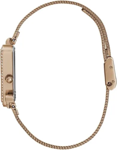 Vista 2 de GUESS US - Reloj analógico de malla triangular en tono oro rosa para mujer, plateado