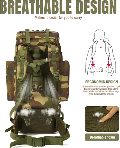 Vista 6 de Mochila táctica de senderismo de camuflaje grande 65L