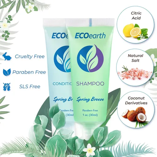 Vista 2 de EcoEarth Juego de champú y acondicionador de viaje (1 onza líquida, 100 piezas, brisa de primavera), deleita a tus invitados con un artículos