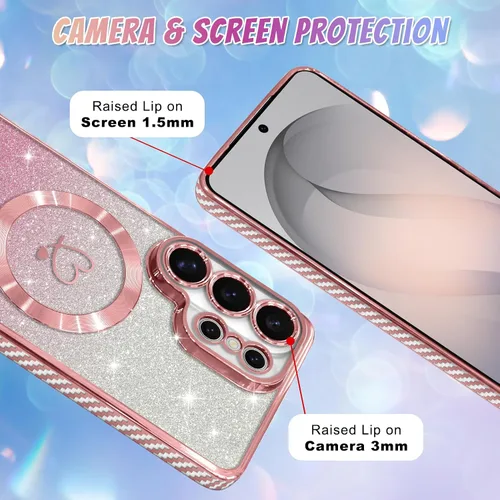 Vista 459 de Bonoma - Funda compatible con Samsung Galaxy S21 Plus, diseño de corazón con purpurina, color rosa Support for MagSafe, Plating Magnetic Case TPU