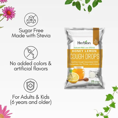 Vista 4 de Herbion Naturals Gotas para la tos con sabor a miel y limón, sin azúcar con stevia, suplemento dietético, alivia la tos, para adultos y niños