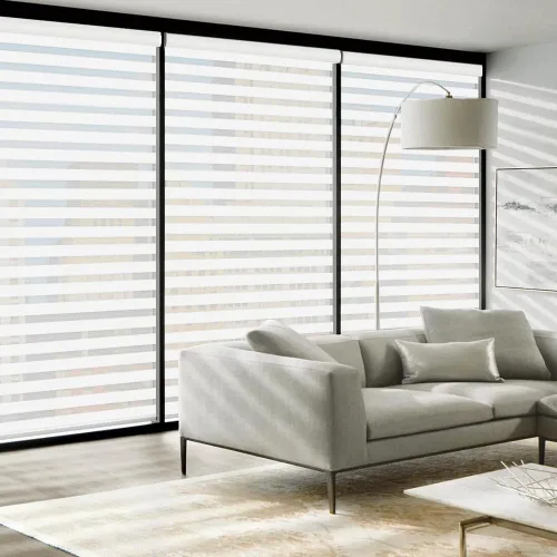 Vista 2 de LUCKUP Persianas enrollables sin cordones de cebra para ventana - Persianas transparentes de doble capa con control de luz con cenefa, privacidad