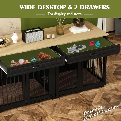 Vista 4 de Muebles grandes de jaula doble para perros de 64.6 pulgadas, muebles de madera para perreras con divisor y 2 cajones, muebles para 2 perros pequeños