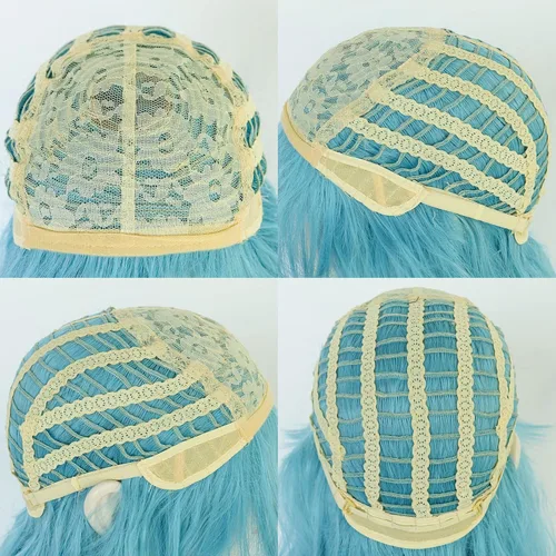 Vista 5 de Anogol Gorro de pelo + peluca larga de cola de caballo rizada azul claro con 2 colas de caballo, peluca azul con flequillo para mujer, peluca