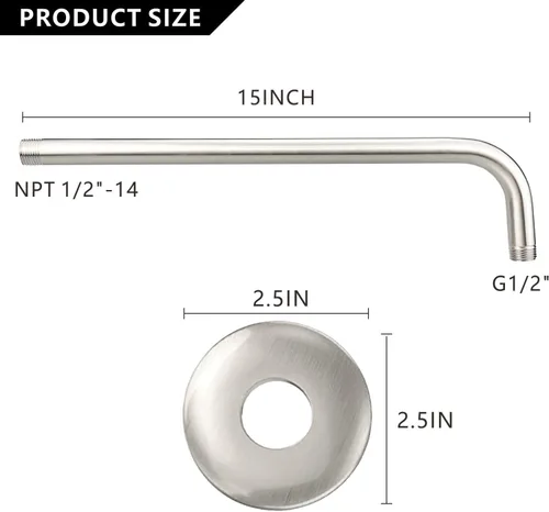 Vista 2 de Voolan Brazo de ducha con brida y cinta de teflón, brazo de extensión de cabezal de ducha para cabezal de ducha fijo de baño, acero inoxidable