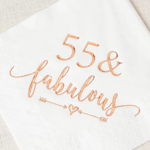 Vista 6 de Crisky Servilletas de 3 capas de oro rosa para mujer, decoraciones de cumpleaños 55, suministros de mesa de postre Bevergae para cumpleaños 55, 50