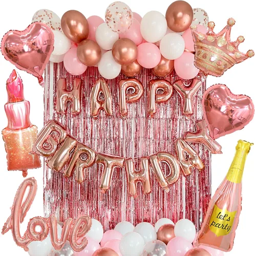 Vista 8 de Vidal Crafts - Decoraciones de cumpleaños rosadas, 71 piezas de decoraciones de feliz cumpleaños con globos de látex, papel de aluminio y confeti