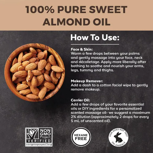 Vista 6 de Aceite de almendras (16 onzas); aceite de almendras dulces para la piel o aceite de almendras para el cabello, el aceite corporal natural perfecto