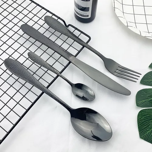 Vista 2 de JASHII Juego de cubiertos de acero inoxidable martillado de 16 piezas servicio de utensilios de alimentación para 4, vajilla moderna juego de Negro