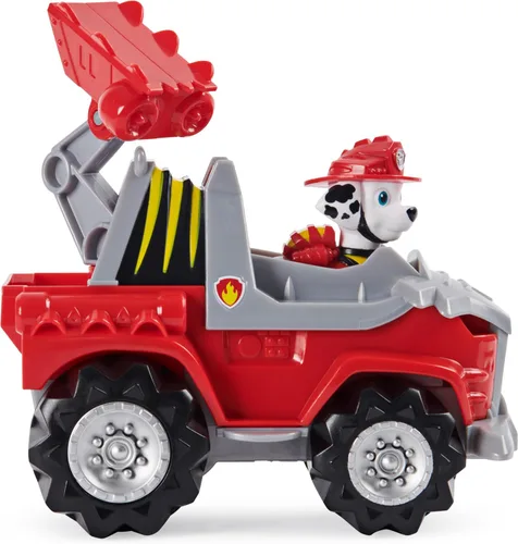Vista 5 de PAW Patrol, Dino Rescue Marshall's Deluxe Rev Up Vehículo con figura de dinosaurio misterioso