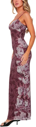 Vista 2 de Vestido ajustado con corte floral para mujer, con encaje de retazos, tirantes delgados, espalda descubierta, vestido de cóctel sexy para fiesta