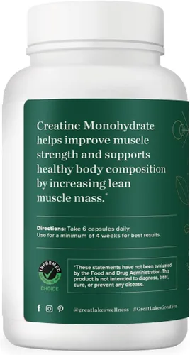 Vista 3 de Great Lakes Wellness Cápsulas de monohidrato de creatina, 180 unidades (suministro para 30 días), 5000 mg de creatina pura por porción, desarrolla