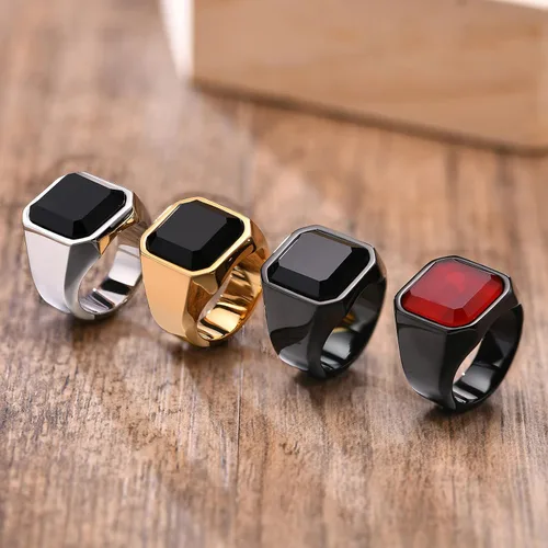 Vista 6 de Anillos de ónix negro para hombre, de acero inoxidable, con diseño de ágata cuadrada, anillo de pulgar meñique para papá, regalo de joyería para él