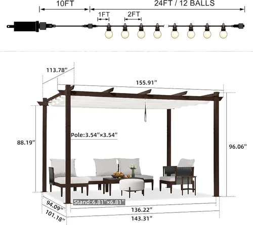 Vista 6 de PURPLE LEAF - Pérgola retráctil de 10 x 13 pies para exteriores, pérgola de aluminio blanco con toldo parasol para patio, refugio moderno marrón