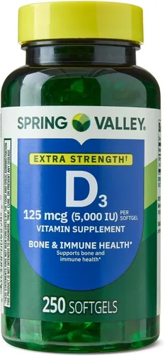 Vista 3 de Spring Valley Vitamina D3 5000 UI, suplemento de alta potencia para la salud ósea e inmunológica, 250 cápsulas blandas