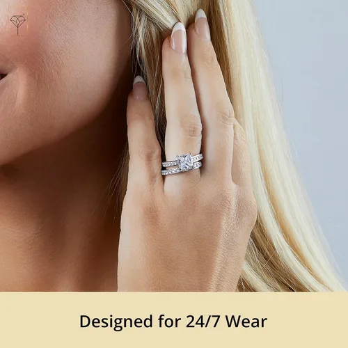 Vista 3 de MAX + STONE Anillo de compromiso de circonita cúbica cuadrada de corte princesa de 3.0 quilates con anillo de boda para mujer en oro blanco