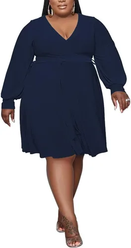 Vista 2 de Ophestin Vestido midi con cuello en V y cinturón sexy de talla grande para mujer