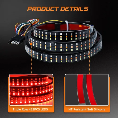 Vista 3 de Barra de Luz de Portón Trasero de 48 Pulgadas Triple Fila 432 Chips LED con Freno Rojo Reversa Blanca Señales de Giro Ámbar Secuenciales