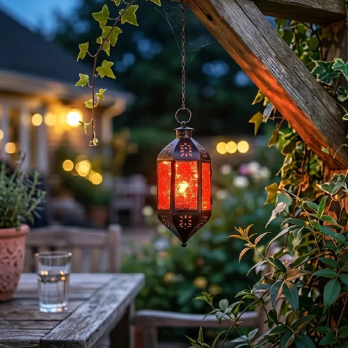 Vista 8 de Vela Lanterns Farol marroquí colgante con luces LED parpadeantes, decoración exótica decorativa de patio y porche, portavelas para interiores y Ámbar