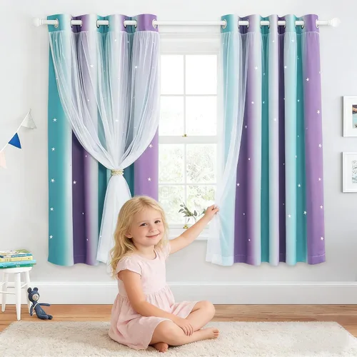 Vista 37 de NICETOWN Cortinas para Dormitorio de Niñas Infantiles con Estrellas Caladas Ventana 2 Capas Cortina 63 Pulgadas de Longitud Oscurecimiento