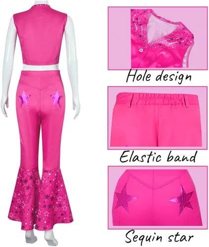 Vista 4 de AutFie Pink Costume Cowgirl suit with scarf Pink Costume Star shaped element of Flared pants Cosplay Adult Women