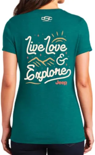 Vista 3 de Jeep Live Love Explore Logo Camiseta con cuello en V para mujer, color verde azulado jaspeado