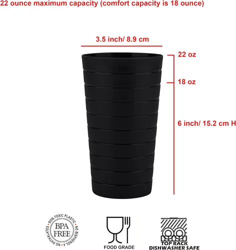 Vista 2 de KX-WARE Mixed Drinkware - Juego de 12 vasos de plástico de 22 onzas, vasos para beber, tazas de fiesta, vasos de té helado, color negro