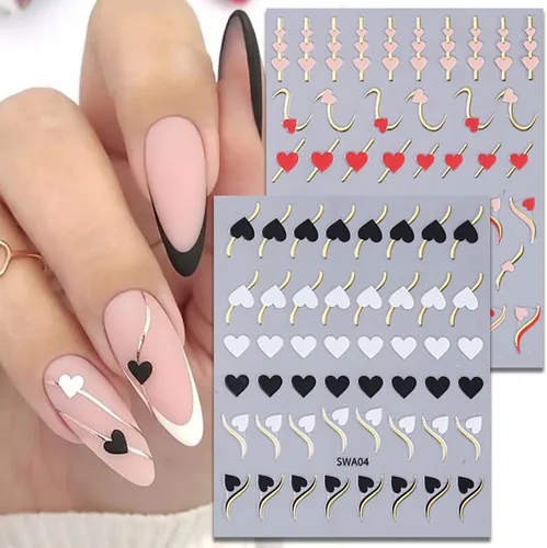 Vista 9 de Calcomanías de uñas de San Valentín, 6 unidades, calcomanías de uñas de corazón 3D, autoadhesivas, calcomanías de arte de uñas, diseño de flores