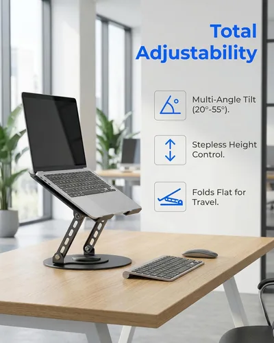 Vista 2 de Soporte para portátil ajustable giratorio de 360°, totalmente plegable, doble eje rotativo, elevador de laptop, escritorio de pie portátil Negro
