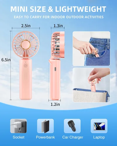 Vista 6 de Ventilador de mano portátil, mini ventilador de escritorio plegable de 2000 mAh, rotación de 180°, 3 velocidades, ultra silencioso, hasta 8 horas