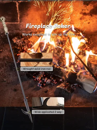 Vista 4 de Lichamp Juego de Herramientas para Chimenea, 5 Piezas para Interiores y Exteriores, Juego Resistente de Atizadores para Chimenea con Mango Dorado