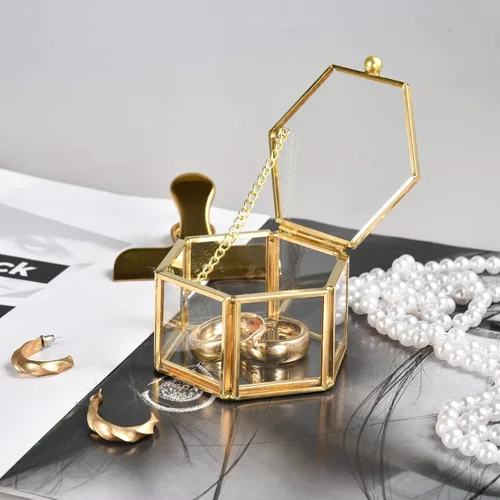 Vista 3 de Feyarl Pequeña caja de joyería de cristal dorado para joyería de joyería de joyería de cristal adornado, caja organizadora de recuerdos, caja