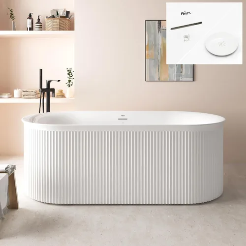 Vista 13 de FerdY Bañera independiente de acrílico Bali de 47 pulgadas, bañera independiente con forma elegante, certificado cUPC, drenaje dorado cepillado