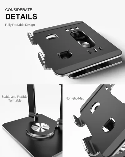 Vista 6 de Soporte para Tablet con Base Giratoria de 360° de Aluminio Ajustable de Doble Varilla para Todos los iPad de 5.8-12.9”, Samsung, Teléfono Tablet