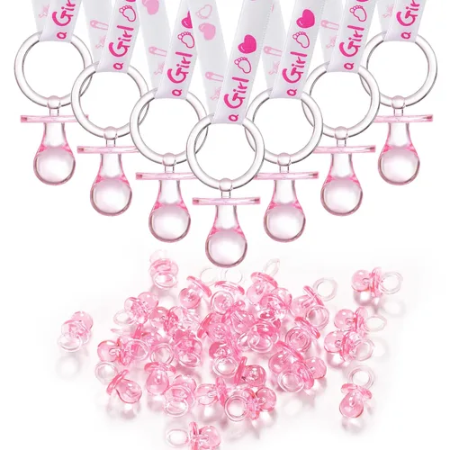 Vista 8 de ZYFLSQ Collar con 24 chupetes para baby shower, 30 mini chupetes acrílicos con dijes para revelación de género, decoraciones de fiesta (rosa y azul)