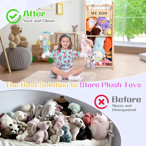 Vista 4 de GLDZI Almacenamiento de Animales de Peluche Zoo, Organizador de Animales de Peluche de Madera con Cuerdas Elásticas para Niños y Niñas, Soporte