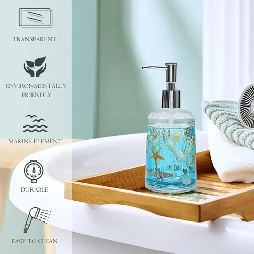 Vista 2 de Dispensador de jabón FONMY con bomba de acrílico con concha marina natural dispensador de jabón de manos hecho a mano para baño, dispensador