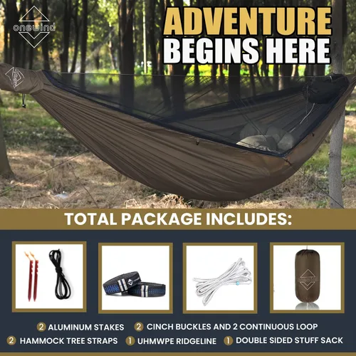 Vista 3 de Onewind Hamaca de Acampar de 11 pies con Mosquitera y Línea de Cresta Ajustable, Hamaca Doble Portátil Ligera con Correas para Árboles y Red