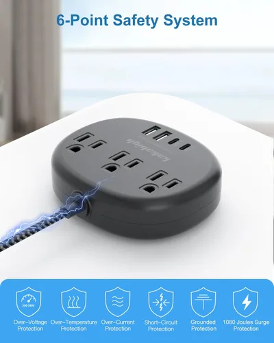 Vista 6 de Cable de extensión negro de 10 pies, cable de extensión de 1625 W, 3 clavijas con 3 salidas de CA, 4 USB (24 W/4.8 A), estación de carga de cabecera