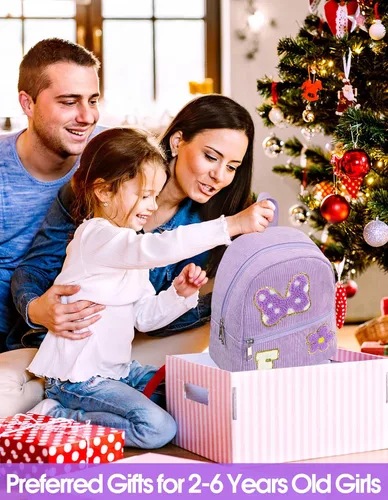 Vista 7 de Mini mochila de pana para niñas de 2, 3, 4, 5, 6 años, regalo de felpilla con inicial y lazo para ratón, mochilas de pana para niños pequeños