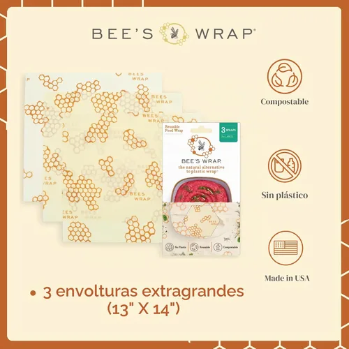 Vista 3 de Bee's Wrap - Envolturas para alimentos de cera de abeja, paquete de 3 grandes, panal de abeja Panal Grande 3 Pack