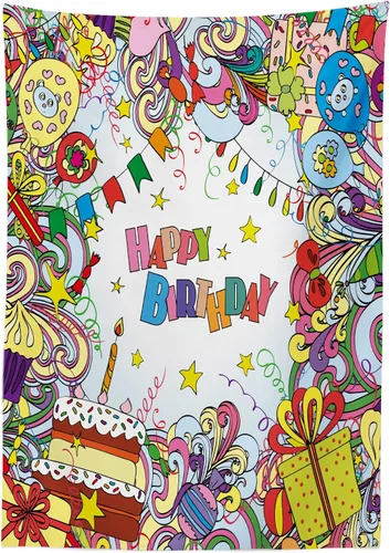 Vista 5 de Ambesonne Mantel de cumpleaños, diseño inspirado en tarjetas de felicitación en estilo colorido de dibujos animados, temática de fiesta, mantel