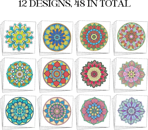 Vista 3 de Hiwhy 48 tarjetas para colorear de mandala de 10 x 10 pulgadas, cartulina para colorear para aliviar el estrés, relajación, patrón de mandala