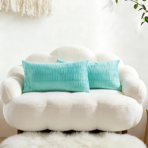 Vista 23 de Juego de 2 fundas de almohada decorativas de terciopelo a rayas plisadas de 14 x 26 pulgadas, funda de cojín rectangular suave y elegante para sofá