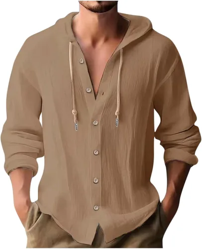 Vista 10 de Camisa de lino para hombre, casual, ligera, mexicana, guayabera, abotonada, playa, verano, sudadera con capucha y manga larga, camisa hawaiana